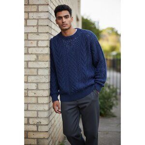 Vintage Norsport Hand Knit Blue Cable Knit Sweater L 100% Cotton Crewneck